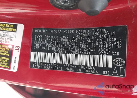 2011 Toyota Corolla S/Le from USA, damaged, VIN 2T1BU4EE3BC574044
